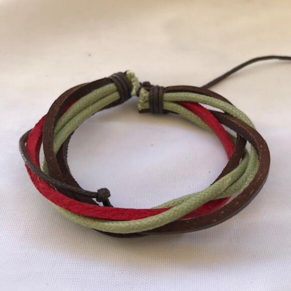 Red Brown & Green Braided Leather Handmade Bracelet Adjustable Wristband - Picture 3 of 3